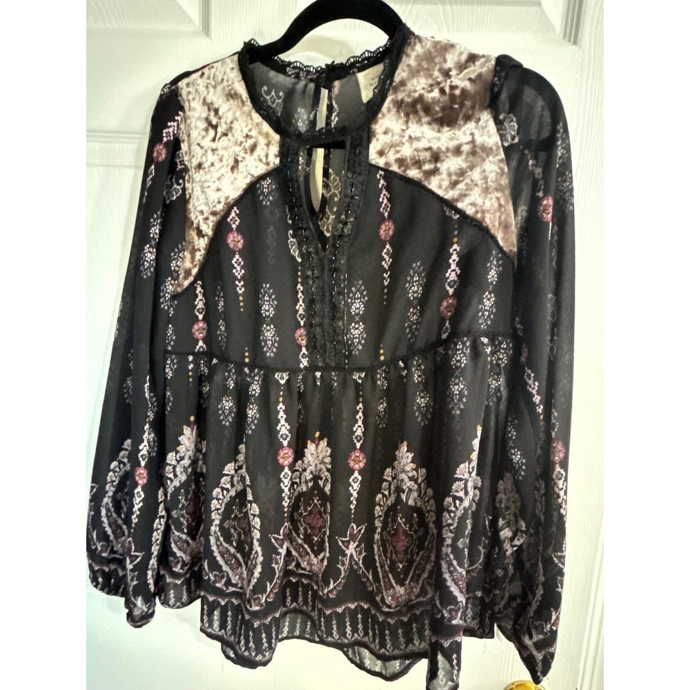 Knox Rose Peasant Blouse Womens Medium Black Boho Velvet Paisley Ethereal Top - Picture 5 of 12